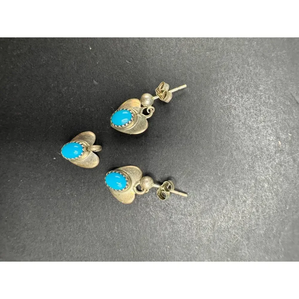 Vtg Sterling Silver 925 Heart Shaped Turquoise Dangle Earrings & Pendant Set